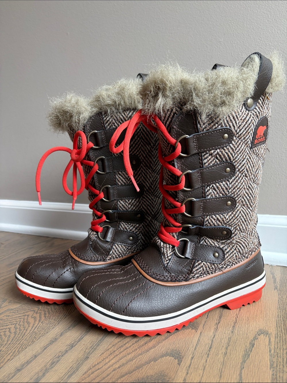 Sorel Women’s Brown Herringbone Winter Boots with Orange Accents